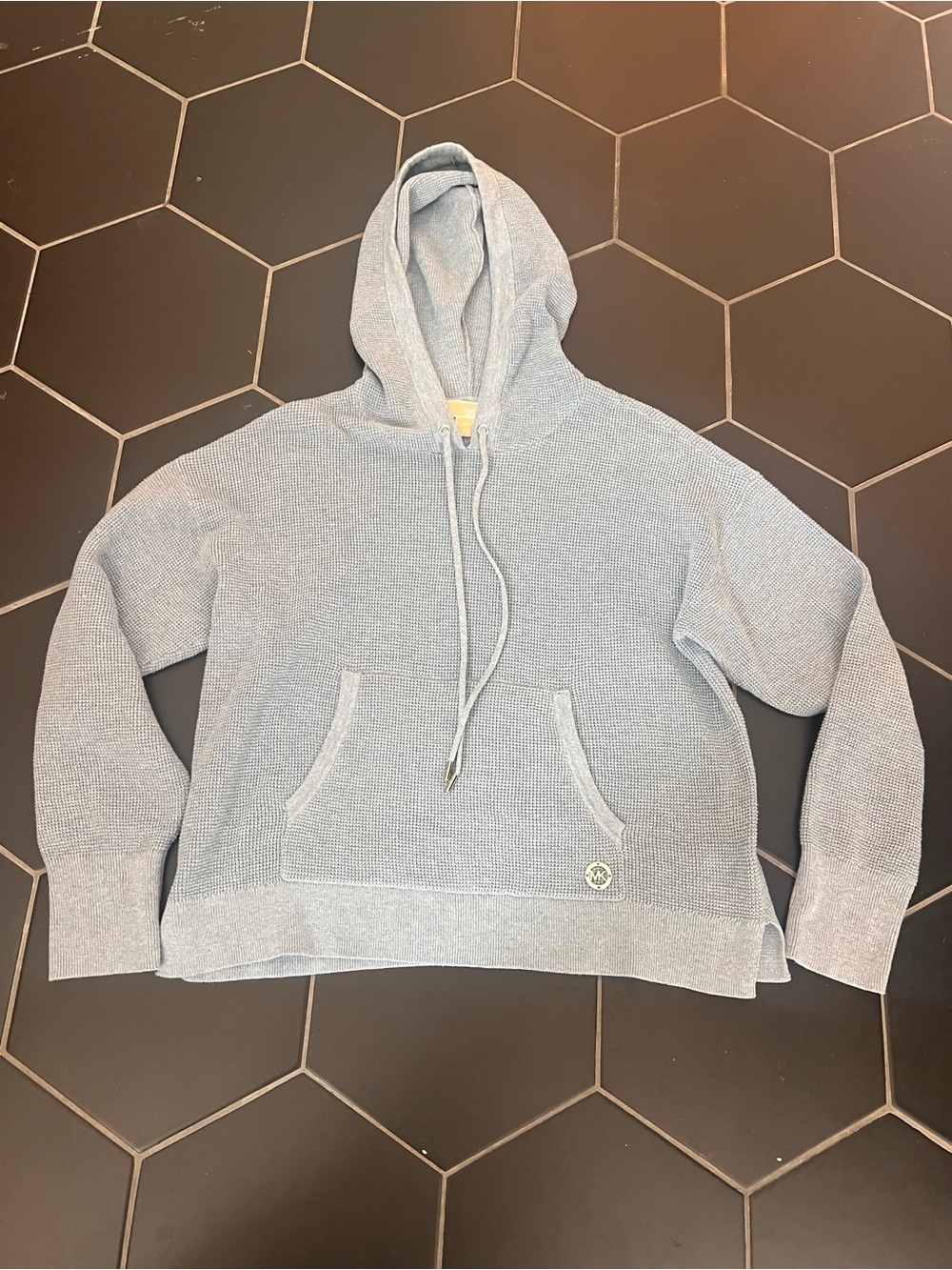 Michael Kors Light Blue Waffle Knit Hooded Sweater with Front Pocket.